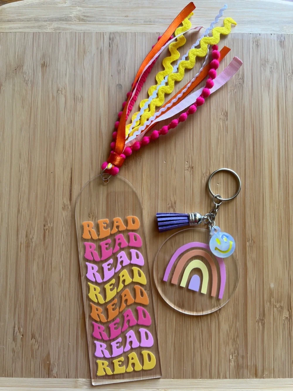 Handmade READ Acrylic Bookmark and Rainbow Keychain Set